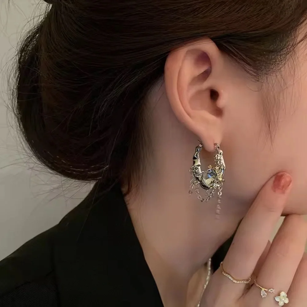 Silver & Gold Hoop Earrings Rhinestone Chain Wrapped Tassel Jewelry Gift NEW
